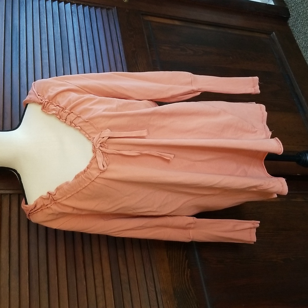 XCVI Long Sleeve Ruffle V-Neck Sweatshirt in Dusty Peach